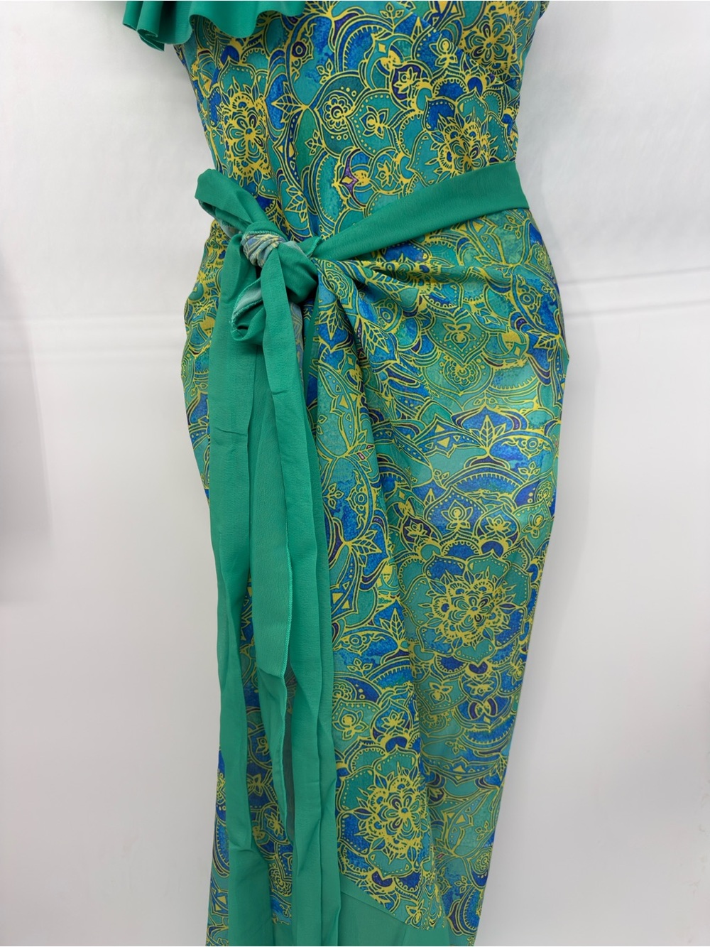Green & Teal One-Shoulder Ruffle Swimsuit one piece with wrap maxi swim suit